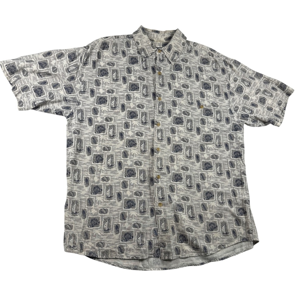 David Taylor Mens Large Silk Shirt Grey Blue Sailboat Nautical Short Sleeve Y2K